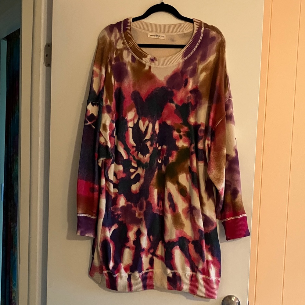 NATURAL LIFE Tie-Dye V-Neck Sweater — Purple, Pink, Brown, Cream